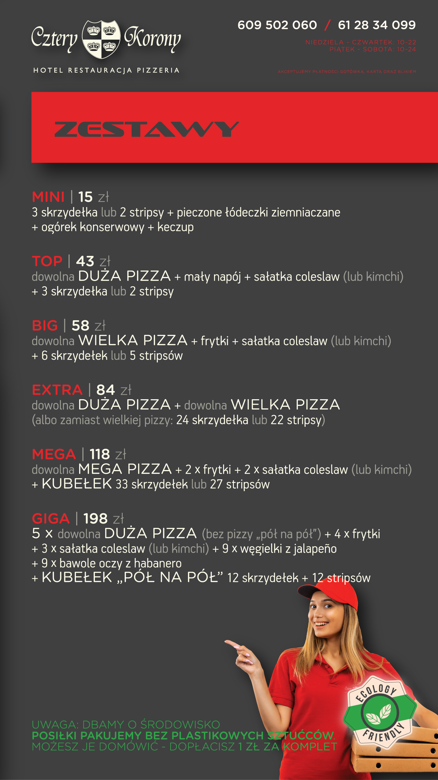 Cztery Korony - oferta na wynos i dowóz - pizza, kurczaki po amerykańsku, dania kuchni świata i dania wegańskie
